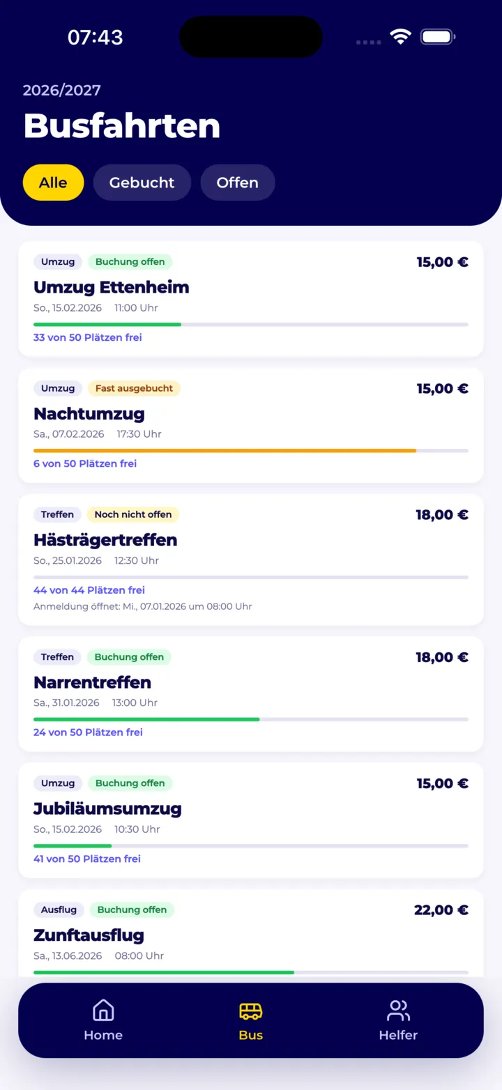 Busfahrten mit Preisen und freien Plätzen in der Ori MüVo App